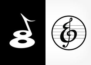 Black and white logos for Eight Beat Measure and RIT's Encore.