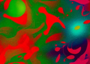 A multicolored green and red image similar to looking at a lava lamp.