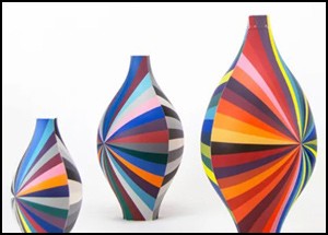 Three multicolor vases by Peter Pincus.