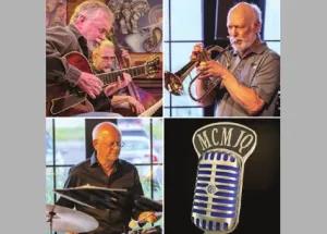 A collage of three people playing instruments and a microphone.