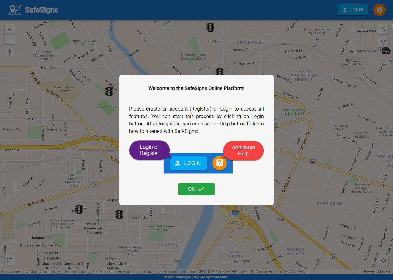 Login screen showing user login and registration on SafeSigns platform
