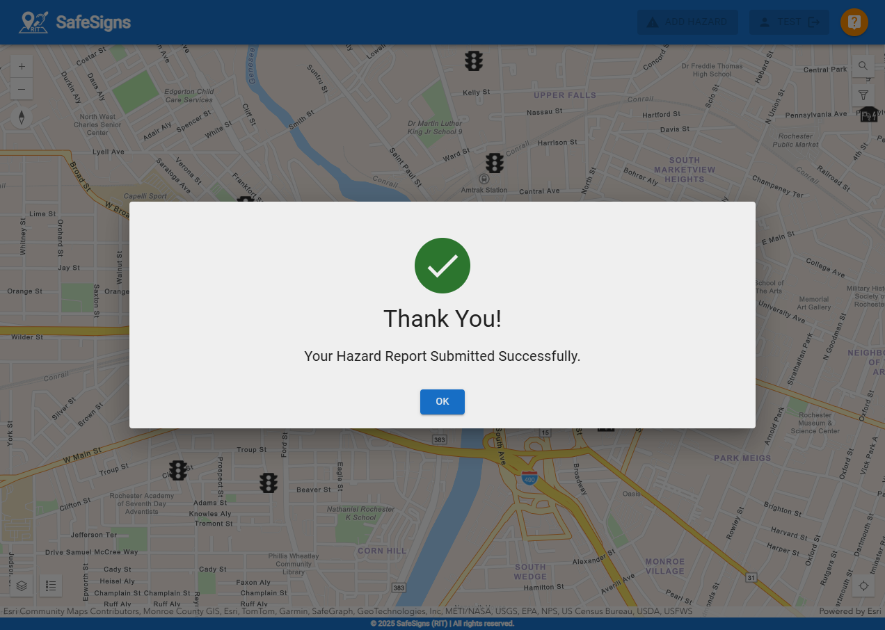 Report submission confirmation screen on SafeSigns