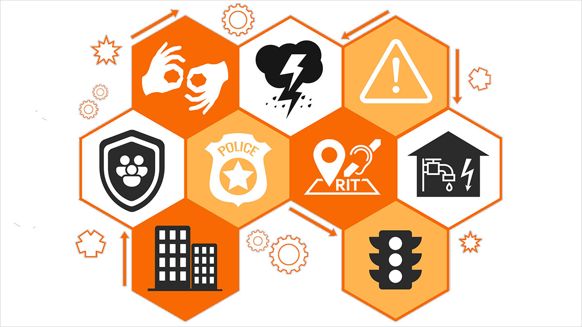 a collection of hexagon shaped icons for sign language, traffic lights, buildings, emergencies, and first responders.