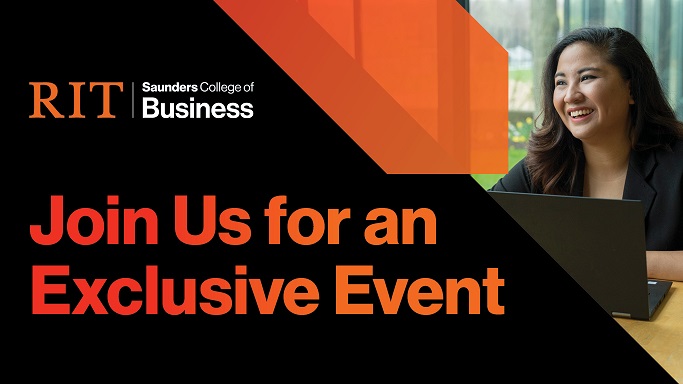 Poster for RIT Saunders Event with orange text stating Join us for an exclusive event