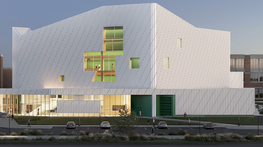 Exterior view of the Music Performance Theater from Andrews Memorial Drive