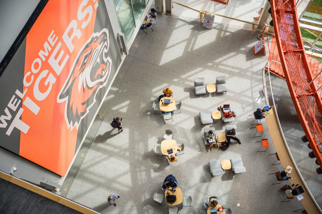 RIT SHED atrium with Welcome Tigers banner