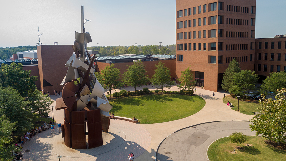 Photo of the metal statue on RIT campus, the Sentinel.