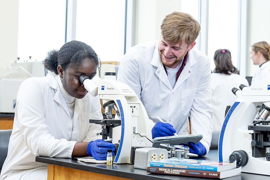Students analyzing samples with microscopes