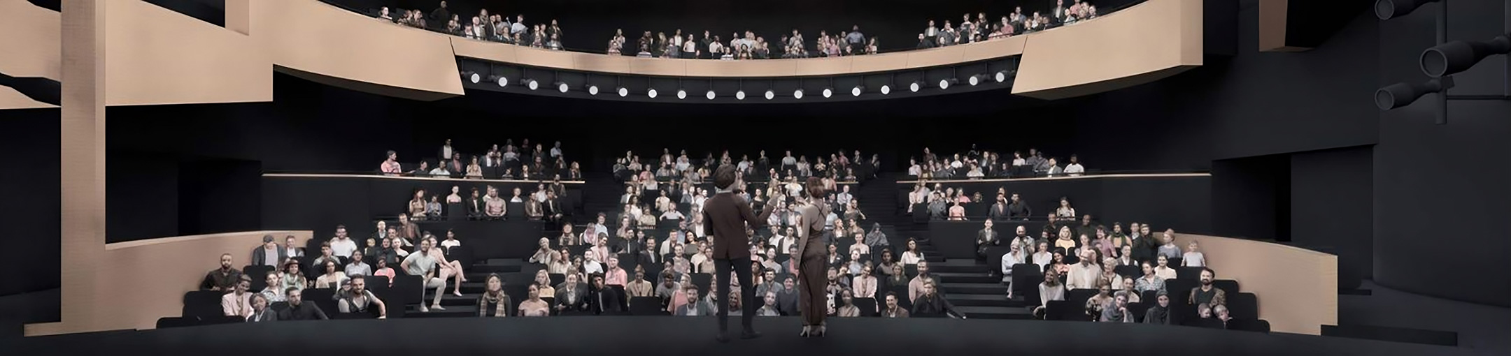 Rendering of a theater with people in balcony seating.