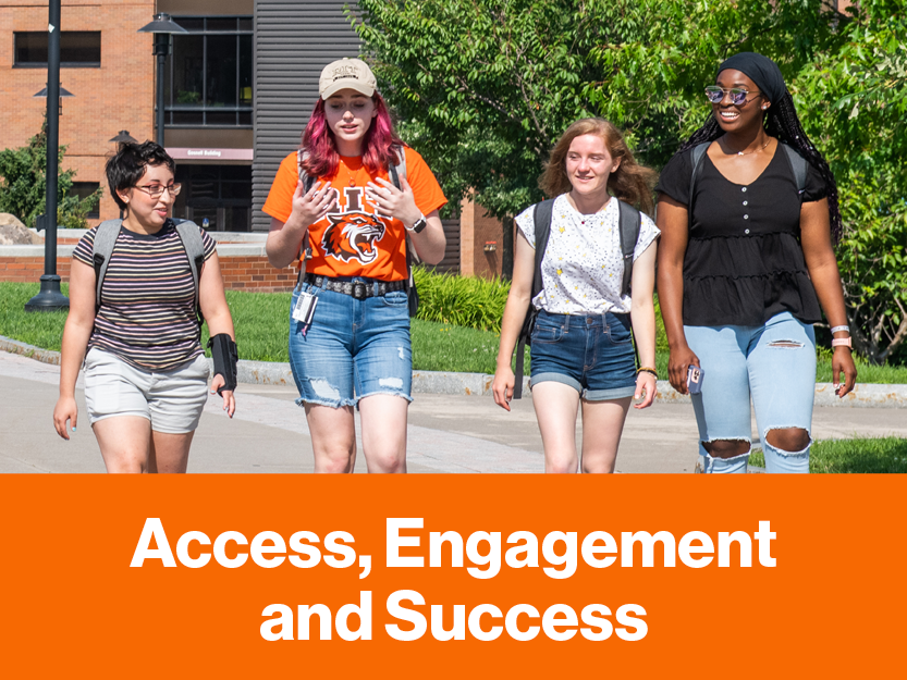 Text: Access, Engagement and Success, with a bunch of students.