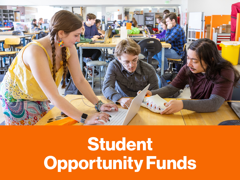 Student Opportunity Funds white title on orange background with students in a group project