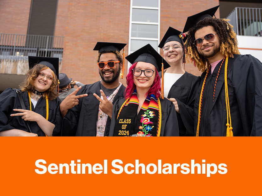 Sentinel Scholarships white title on orange background with image of students in cap and gown
