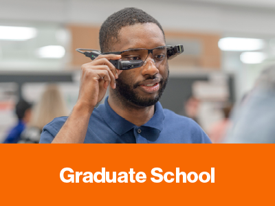 Text: Graduate Education, with a student using AR glasses.