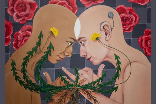 Painting of two people of different races facing each other, forehead to forehead, communicating with sign language