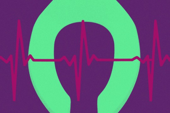Graphic of green toilet seat on purple background with EKG graph