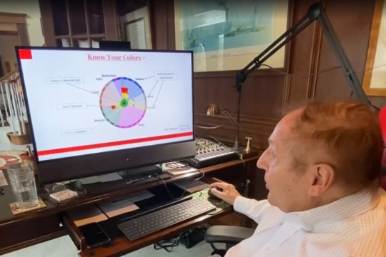 man looking at computer screen with colorful circle chart.