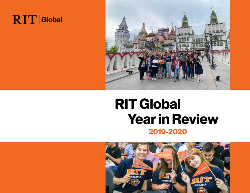 Collage featuring RIT Global branding with students smiling abroad in front of ornate architecture and campus scenes.