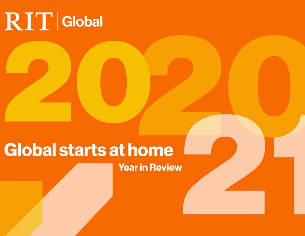 Bright orange layout with large “2020–21” numbers and text highlighting RIT Global’s year in review theme.
