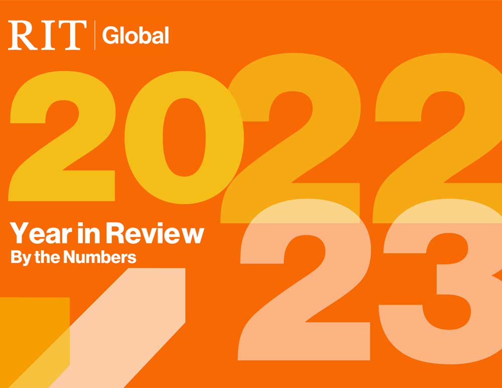 Bold orange graphic with oversized “2022–23” numerals and “RIT Global Year in Review” text overlay.