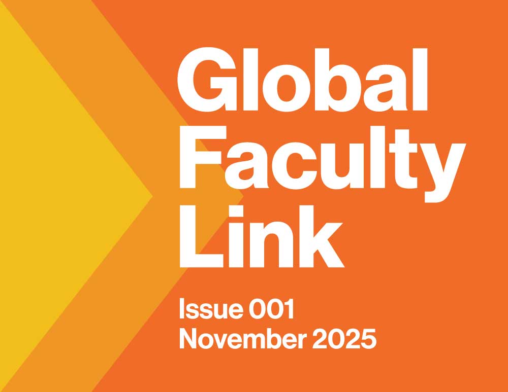 Bright orange newsletter cover with bold white title “Global Faculty Link,” Issue 001, November 2025.