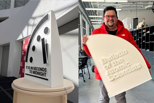 On the left is the front of the redesigned Doomsday Clock which was unveiled on Jan. 28. On the right, Juan Noguera holds the body of the clock, fresh off the 3D printer housed in the SHED, with the backside facing forward
