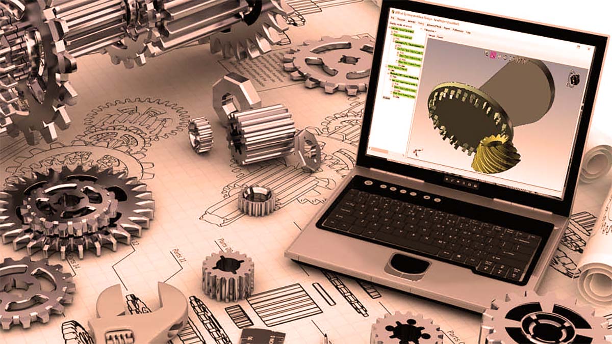 gears on top of schematics with a computer opened and working on rendered gears