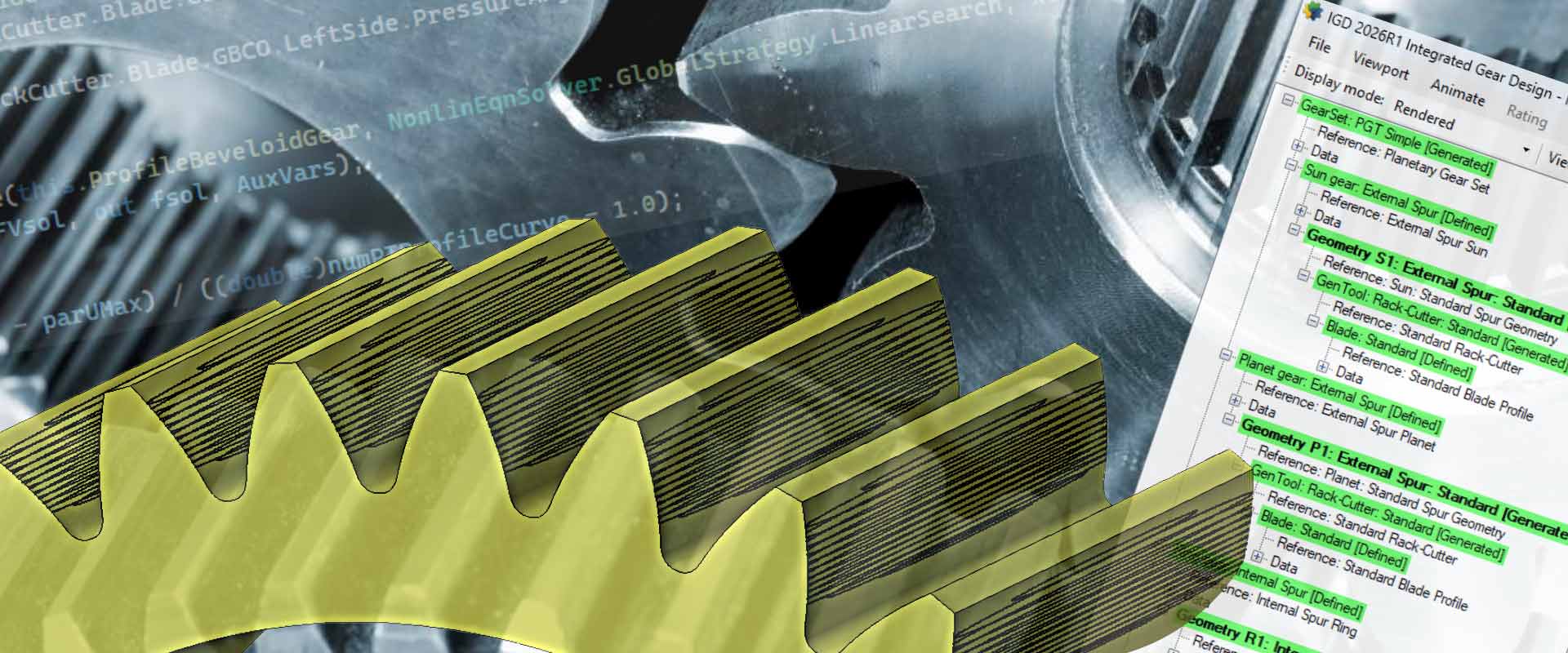 collage of gear designs, closeup of gear teeth meeting, and a computer program window showing layers of data to build a gear.