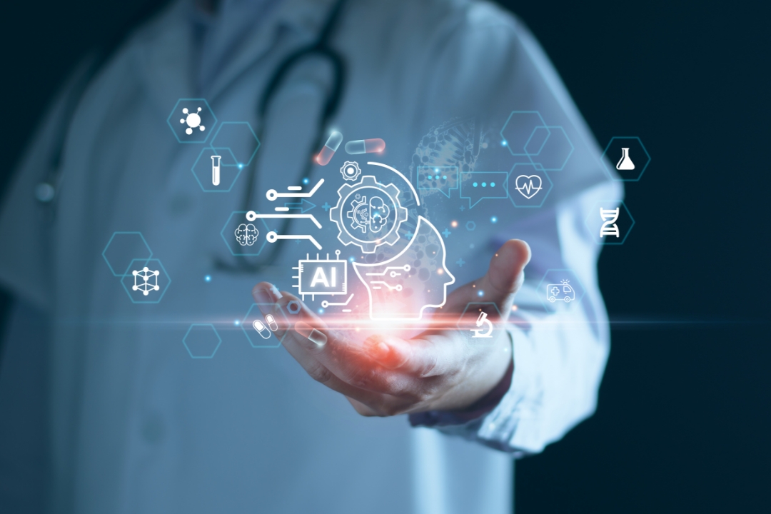 a person in a white lab coat and stethoscope around their neck reaching their hand out toward you with a small light projecting out medical and technology related graphics