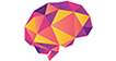 Logo is the shape of a human brain filled in with triangle shapes in shades of yellow, orange, pink, and purple