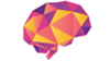 Logo is the shape of a human brain filled in with triangle shapes in shades of yellow, orange, pink, and purple