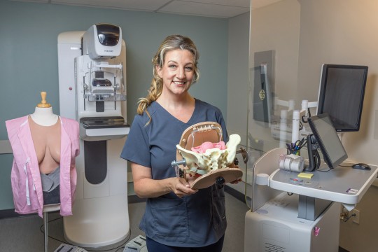 a woman stands in a mammography lab holding a pelvic medical model