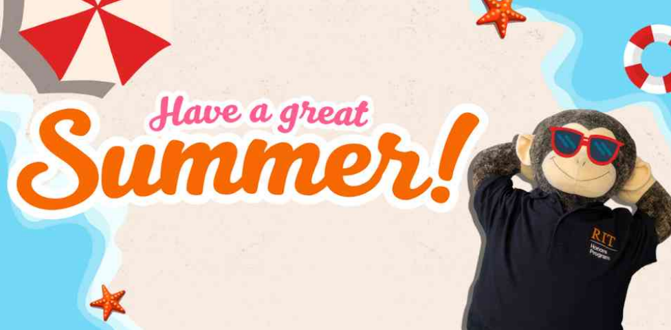 Image of Stanley laying on a beach with the text "Have a great Summer!"