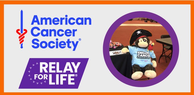 Image that says relay for life, with a smaller image on top of a picture of stanley (the stuffed monkey) wearing an honors shirt