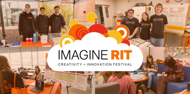 Image split into 4 corners, each corner has an image of groups of honors students presenting at Imagine RIT