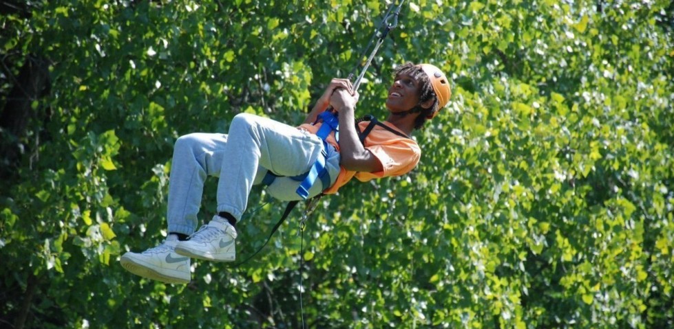 Student on zipline