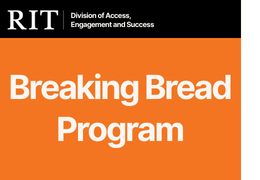 Breaking bread program in white surrounded by orange.