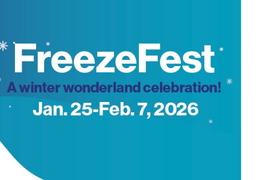 Freezefest poster, white font on blue background with snowflakes
