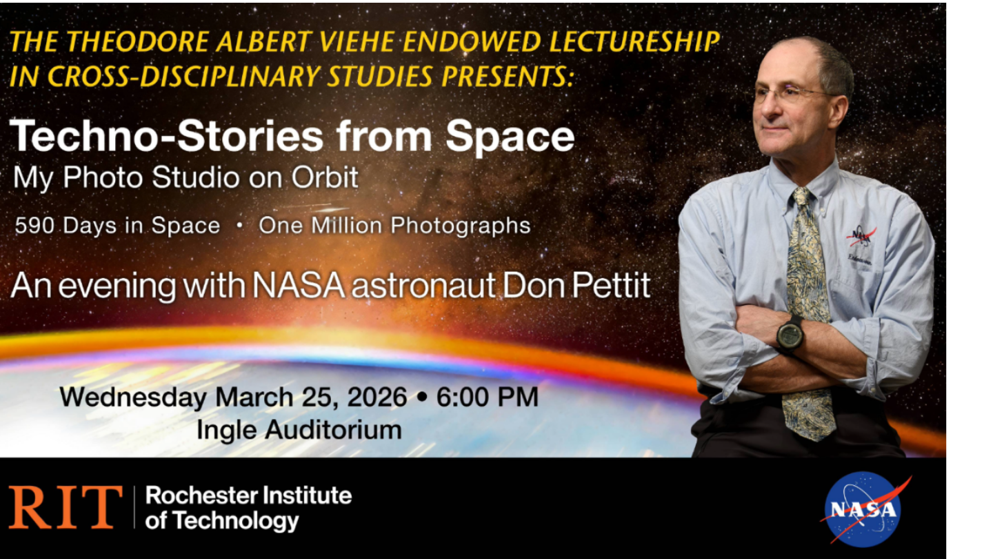 The Viehe Lectures Series presents: Techno-stories from Space - My Photo Studio on Orbit in white on a background resembling space