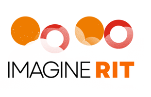 Imagine RIT in all caps. Imagine is in black, RIT is in orange against a white background. There are red and orange circles hovering above them