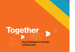 Text "Together RIT Day of Dialogue on Gender and Sexuality" over an orange background with yellow, blue, and purple stripes in the top right corner. 