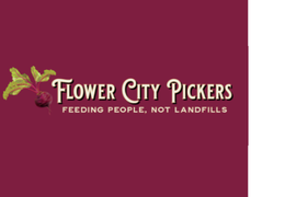 Flower City Pickers in white text on a burgundy background. There is a radish to the left of the text.