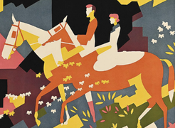 An artwork of a man and a woman on horses