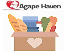 Agape Haven in black text on a white background with a cardboard box of food below it.