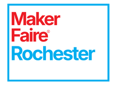 'Maker Faire' in red text, 'Rochester' in blue text. There is a blue border the same color as 'Rochester' around the text.