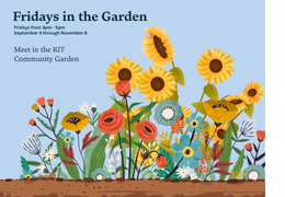 'Fridays in the Garden' in green text on a blue background with flowers to the right