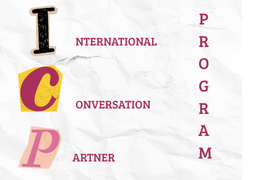 International Conversation Partner in red text on a white background, with the first letter of each word having the appearance of a cut out. The background is like that of textured paper