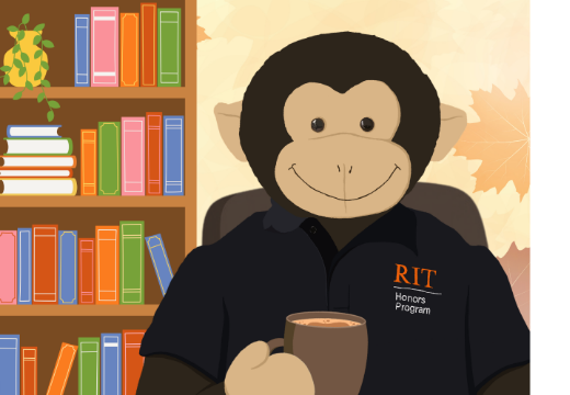Stanley with a mug in front of a bookshelf