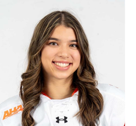 Headshot of Cassandra in her orange and white hockey jersey
