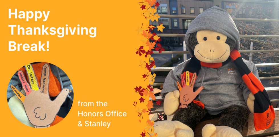 Image of Honors Mascot Stanley and a hand turkey of things he is thankful for