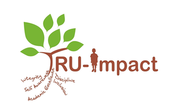 The picture displays "Tru-impact" in brown font. The T of "Tru" is a a tree as well with the leaves branching off.